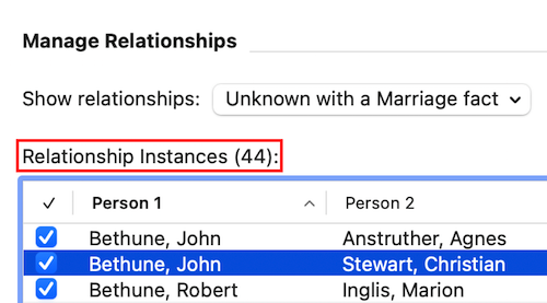 Relationship Instances list