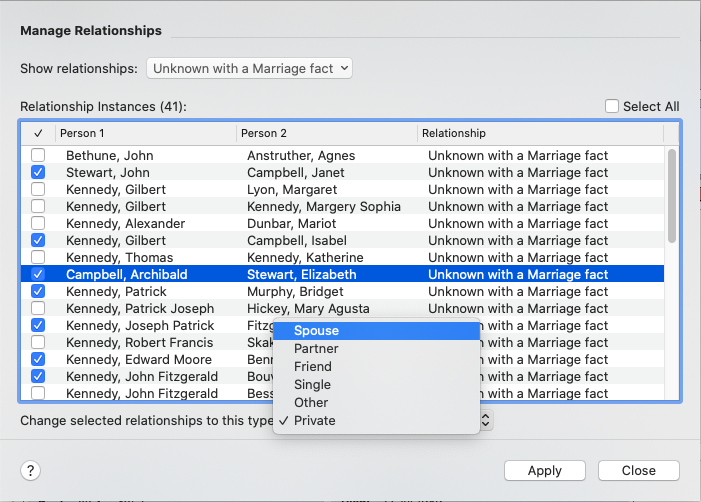 Change selected relationships