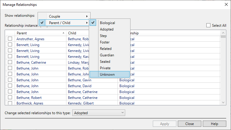 relationships drop-down list